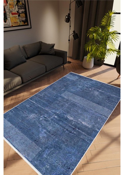 Modern Eskitme Lacivert Indigo Kaydırmaz Kesme Yıkanabilir Ince Halı