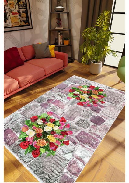 Salon Halısı Çiçekli Duvar Temalı Mor Bordo Kırmızı Sarı Kaydırmaz Yıkanabilir Ince Halı Tüysüz