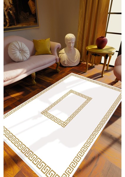 Salon Halısı Klasik Kahverengi Ekru Kaydırmaz Kesme Yıkanabilir Ince Halı Tüysüz Kilim