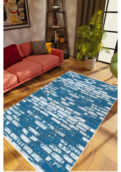 Salon Halısı Taş Mermer Eskitme Lacivert Mavi Kaydırmaz Kesme Yıkanabilir Ince Halı Tüysüz Kilim