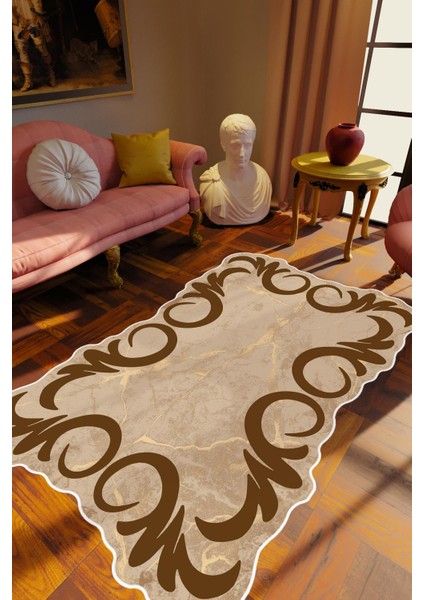 Salon Halısı Klasik Modern Kahverengi Ekru Kaydırmaz Kesme Yıkanabilir Ince Halı Tüysüz Kilim