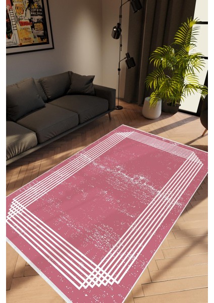 Salon Halısı Modern Geometrik Pembe Kaydırmaz Kesme Yıkanabilir Ince Halı Tüysüz Kilim