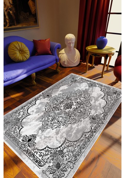 Klasik Gümüş Gri Kaydırmaz Kesme Yıkanabilir Ince Halı