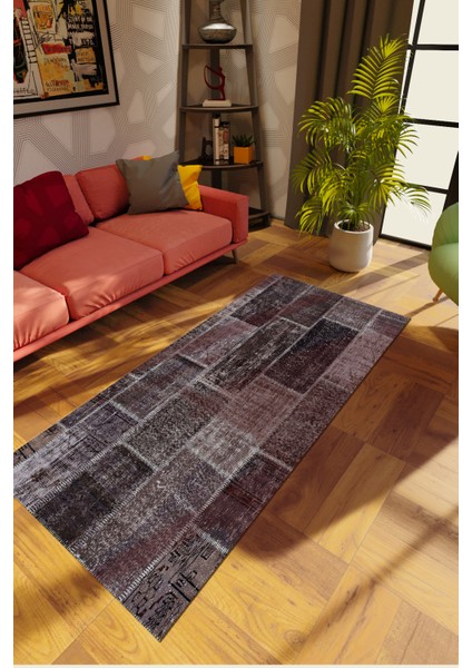 Modern Patchwork Kahverengi Dijital Baskı Halı Kaydırmaz Ince Yıkanabilir