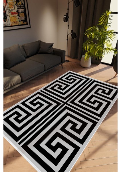 Salon Halısı Modern Geometrik Gri Siyah Kaydırmaz Kesme Yıkanabilir Ince Halı Tüysüz Kilim