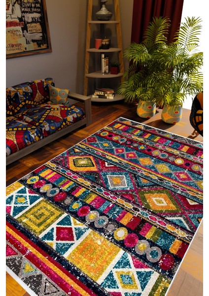 Kilim Desenli Otantik Eskitme Sarı Kaydırmaz Kesme Yıkanabilir Ince Halı