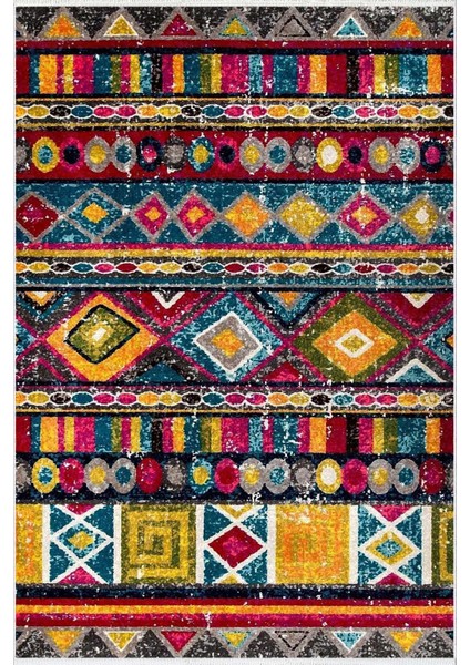 Kilim Desenli Otantik Eskitme Sarı Kaydırmaz Kesme Yıkanabilir Ince Halı