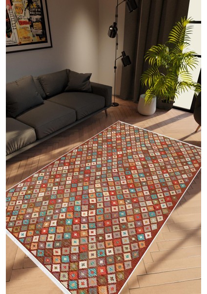 Modern Retro Kahverengi Kaydırmaz Kesme Yıkanabilir Ince Halı