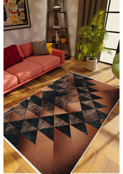 Modern Geometrik Metalik Kahve Siyah Kaydırmaz Kesme Yıkanabilir Ince Halı