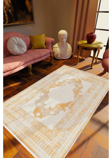 Klasik Sarı Kahverengi Kaydırmaz Kesme Yıkanabilir Ince Halı