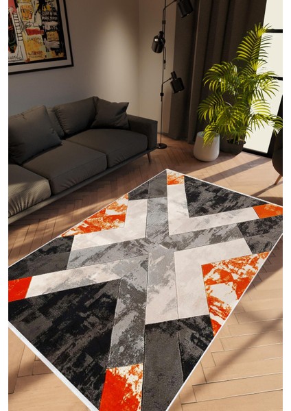 Modern Geometrik Gümüş Kırmızı Gri Siyah Turuncu Kaydırmaz Kesme Yıkanabilir Ince Halı