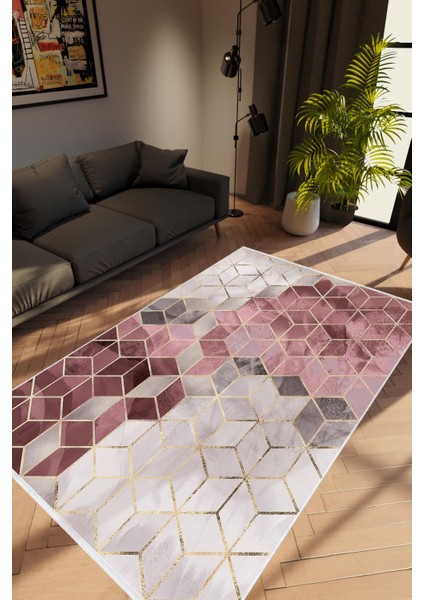 Modern Geometrik Pembe Gülkkurusu Gri Kaydırmaz Kesme Yıkanabilir Ince Halı