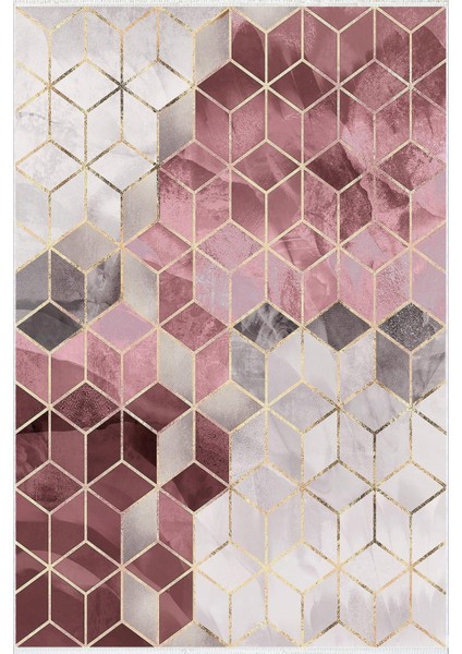 Modern Geometrik Pembe Gülkkurusu Gri Kaydırmaz Kesme Yıkanabilir Ince Halı