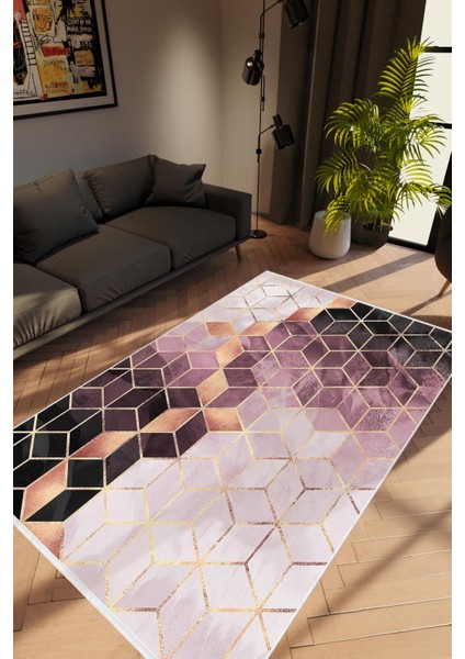 Modern Geometrik Mor Gülkkurusu Siyah Kaydırmaz Kesme Yıkanabilir Ince Halı