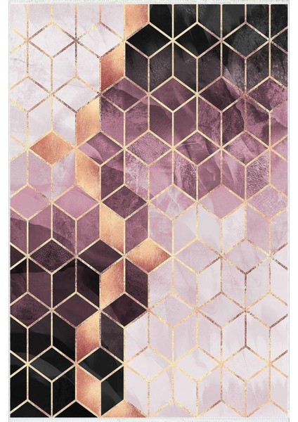 Modern Geometrik Mor Gülkkurusu Siyah Kaydırmaz Kesme Yıkanabilir Ince Halı
