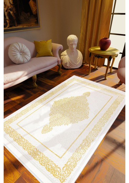 Klasik Gold Tema Altın Krem Sarı Kaydırmaz Kesme Yıkanabilir Ince Halı
