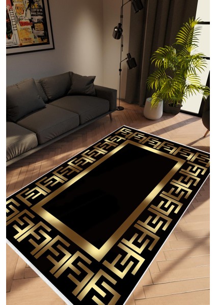 Modern Klasik Altın Gold Siyah Kaydırmaz Kesme Yıkanabilir Ince Halı