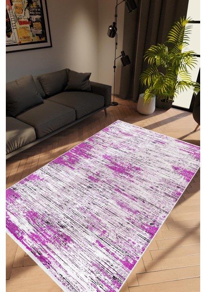 Modern Eskitme Mor Pembe Gri Kaydırmaz Kesme Yıkanabilir Ince Halı