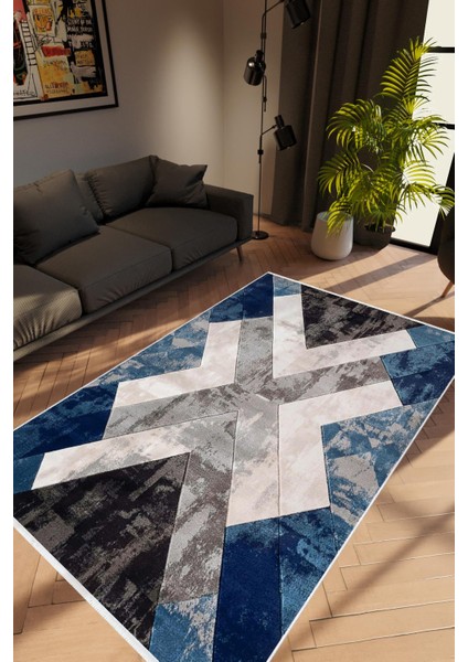 Modern Geometrik Gümüş Lacivert Gri Siyah Kaydırmaz Kesme Yıkanabilir Ince Halı