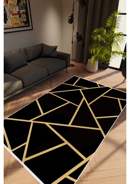 Modern Geometrik Altın Gold Kahverengi Siyah Kaydırmaz Kesme Yıkanabilir Ince Halı