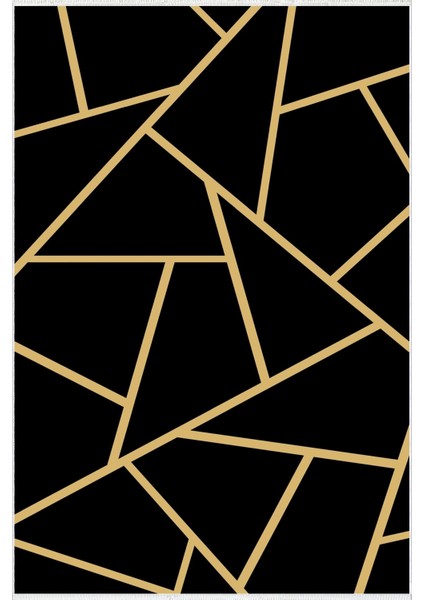 Modern Geometrik Altın Gold Kahverengi Siyah Kaydırmaz Kesme Yıkanabilir Ince Halı