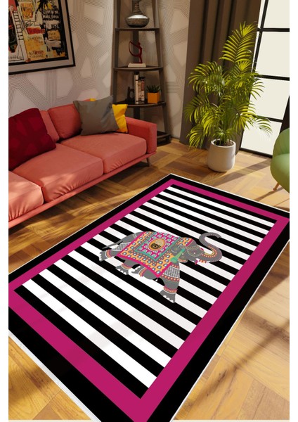 Figürlü Çizgili Fil Pembe Bordo Beyaz Siyah Kaydırmaz Kesme Yıkanabilir Ince Halı