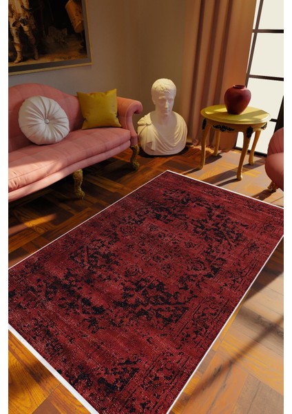 Klasik Eskitme Bordo Siyah Kaydırmaz Kesme Yıkanabilir Ince Halı