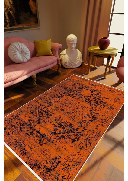 Klasik Eskitme Turuncu Kaydırmaz Kesme Yıkanabilir Ince Halı