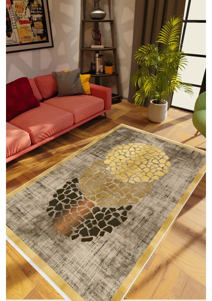 Modern Geometrik Altın Kahverengi Gold Kaydırmaz Kesme Yıkanabilir Ince Halı