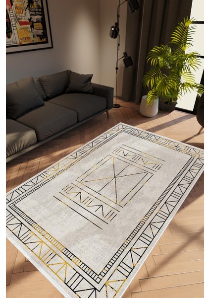 Modern Geometrik Gri Kaydırmaz Kesme Yıkanabilir Ince Halı