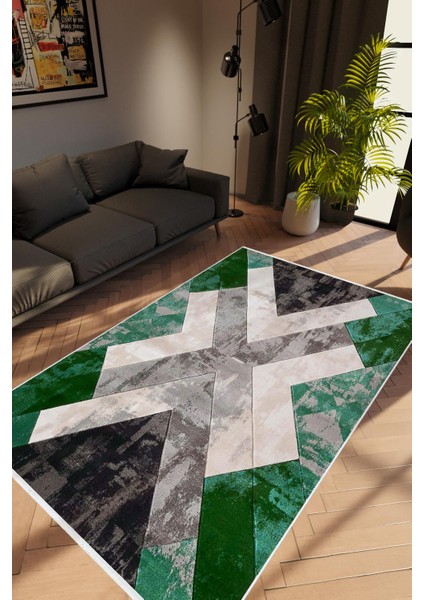 Modern Geometrik Gümüş Yeşil Siyah Kaydırmaz Kesme Yıkanabilir Ince Halı