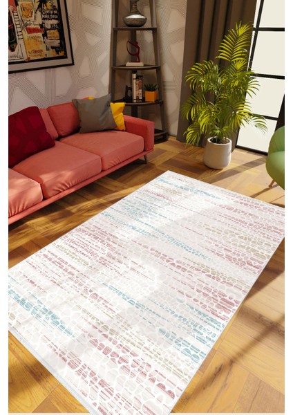 Modern Eskitme Pembe Ekru Mavi Beyaz Kırmızı Kaydırmaz Kesme Yıkanabilir Ince Halı