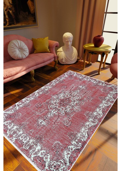 Klasik Eskitme Bordo Kaydırmaz Kesme Yıkanabilir Ince Halı