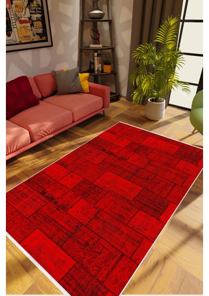 Modern Patchwork Bordo Kaydırmaz Kesme Yıkanabilir Ince Halı