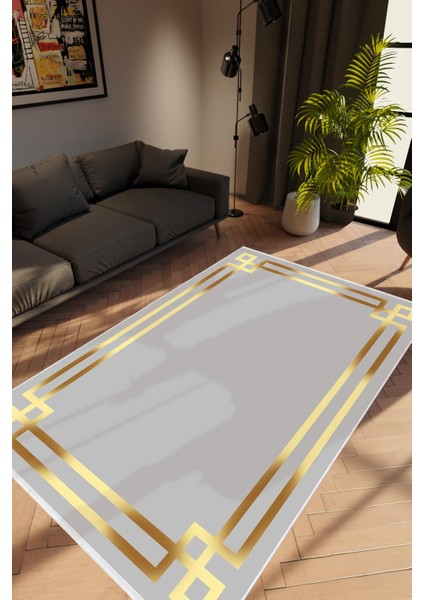 Modern Çizgili Altın Gri Gold Kaydırmaz Kesme Yıkanabilir Ince Halı