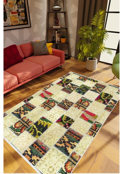 Eskitme Patchwork Bej Kaydırmaz Kesme Yıkanabilir Ince Halı