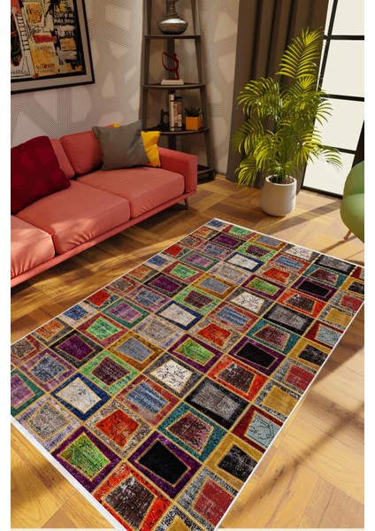 Modern Patchwork Kahverengi Kaydırmaz Kesme Yıkanabilir Ince Halı