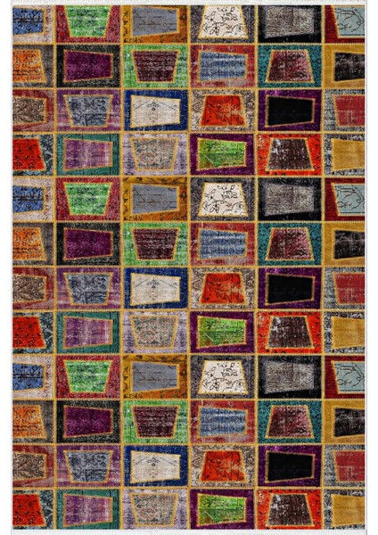 Modern Patchwork Kahverengi Kaydırmaz Kesme Yıkanabilir Ince Halı