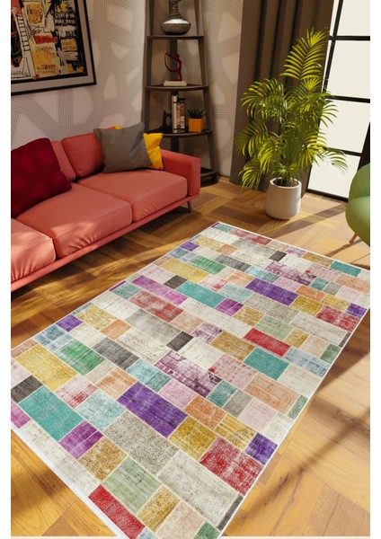 Modern Patchwork Bej Kaydırmaz Kesme Yıkanabilir Ince Halı