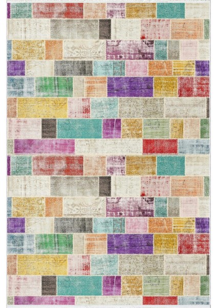 Modern Patchwork Bej Kaydırmaz Kesme Yıkanabilir Ince Halı