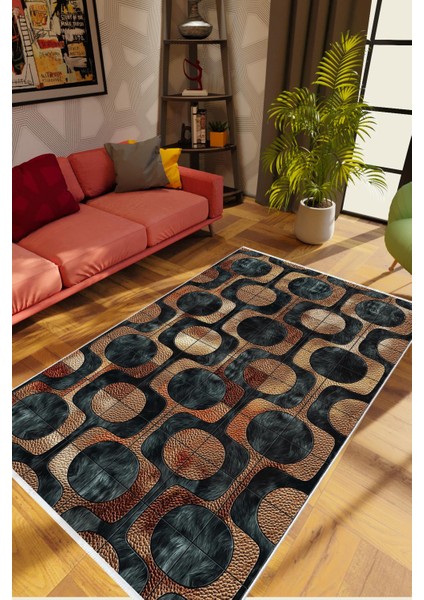 Modern Patchwork Metalik Kahverengi Gri Gold Kaydırmaz Kesme Yıkanabilir Ince Halı