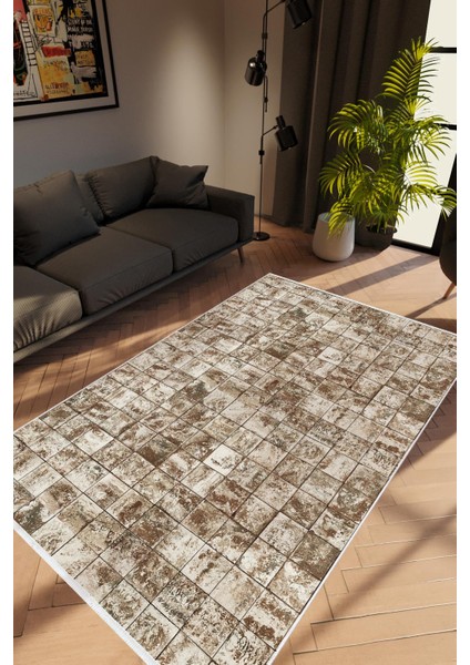 Modern Patchwork Mozaik Desen Kahverengi Vizon Kaydırmaz Kesme Yıkanabilir Ince Halı