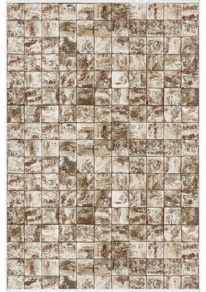 Modern Patchwork Mozaik Desen Kahverengi Vizon Kaydırmaz Kesme Yıkanabilir Ince Halı