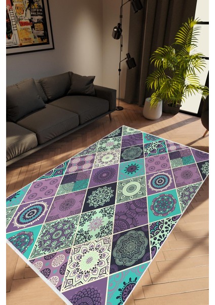 Modern Patchwork Mor Beyaz Turkuaz Kaydırmaz Kesme Yıkanabilir Ince Halı