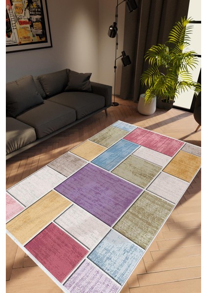 Modern Patchwork Bej Kaydırmaz Kesme Yıkanabilir Ince Halı