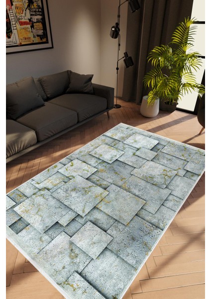 Modern Patchwork Gri Kaydırmaz Kesme Yıkanabilir Ince Halı