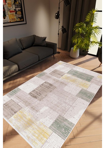 Modern Patchwork Gri Kaydırmaz Kesme Yıkanabilir Ince Halı