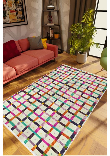 Modern Patchwork Bej Kaydırmaz Kesme Yıkanabilir Ince Halı