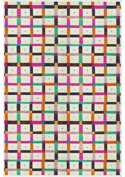 Modern Patchwork Bej Kaydırmaz Kesme Yıkanabilir Ince Halı