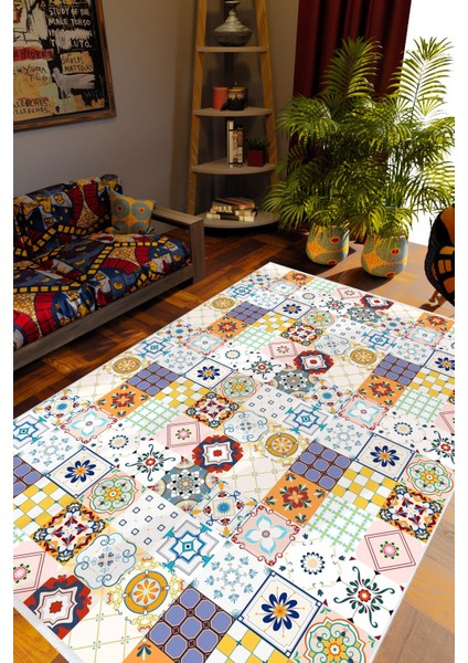 Otantik Eskitme Patchwork Mor Kaydırmaz Kesme Yıkanabilir Ince Halı